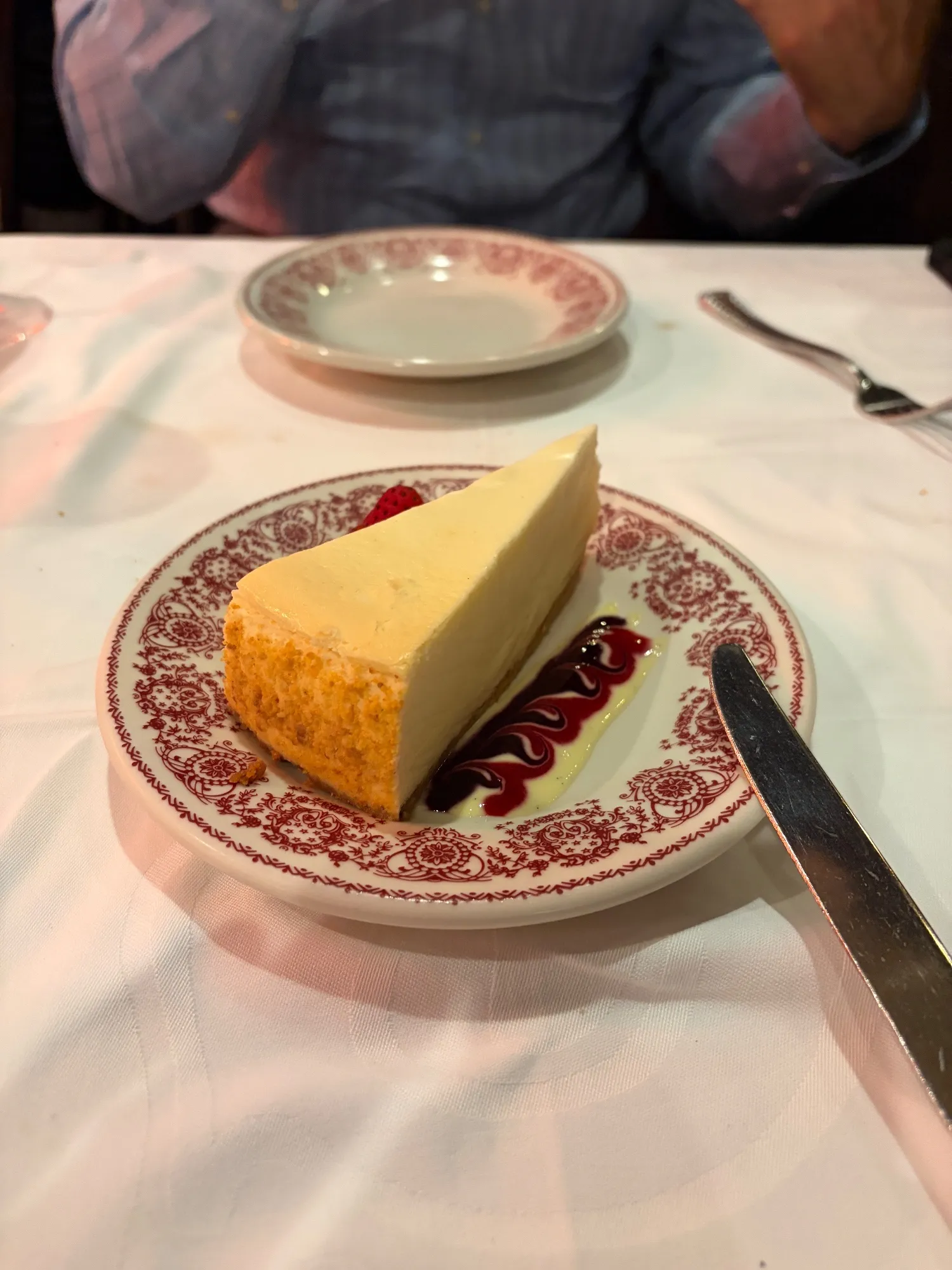 A slice of cheesecake on a red-patterned plate with a raspberry and a stripe of red sauce.